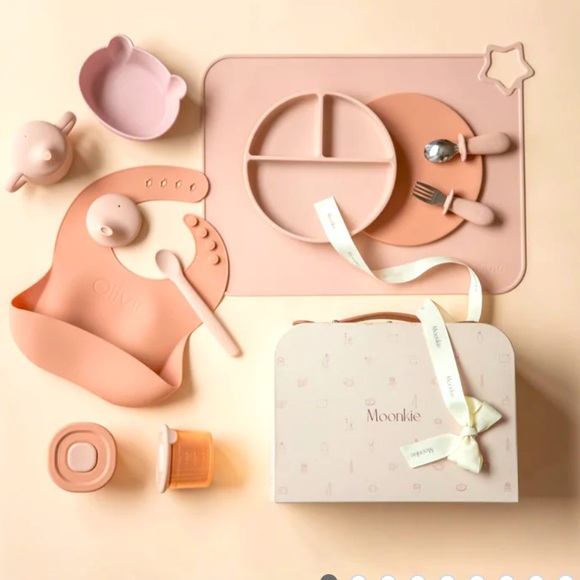 Moonkie First Bites Set.Baby feeding items. Bib/Plate/Utensils/ Cup …. NWT